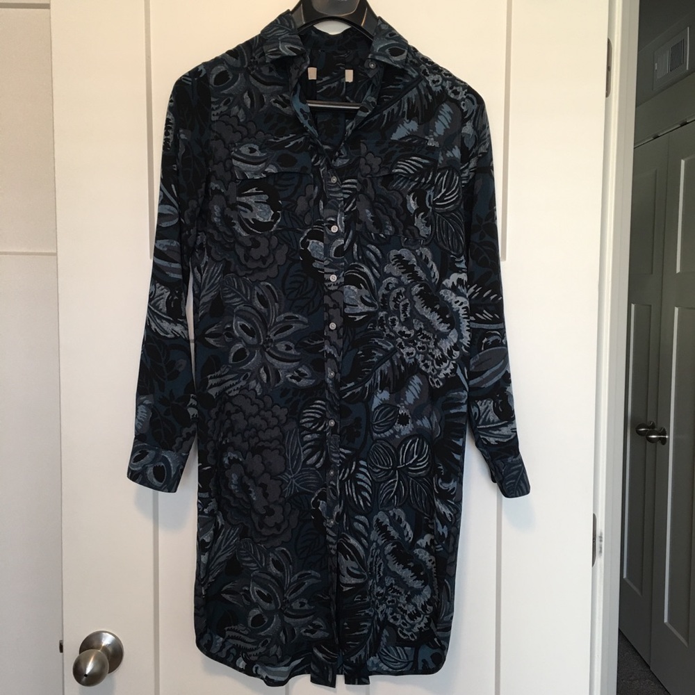 LOFT Green & Black Floral Belted Shirt Dress XS